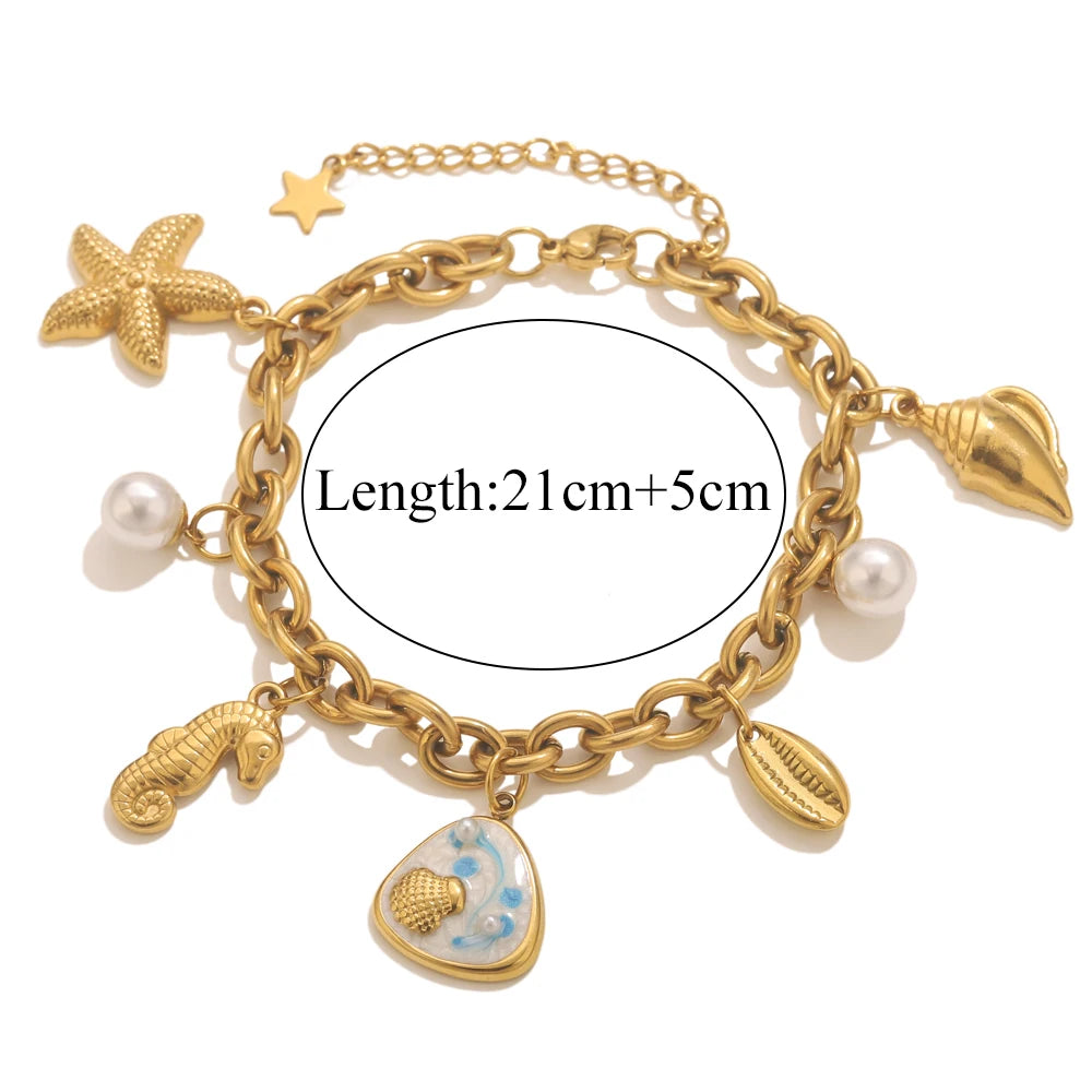 Bracelet Femme Doré Étoile de mer & Coquillage - Esprit Bohème Chic
