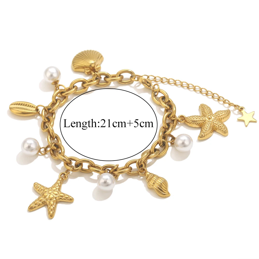 Bracelet Femme Doré Étoile de mer & Coquillage - Esprit Bohème Chic