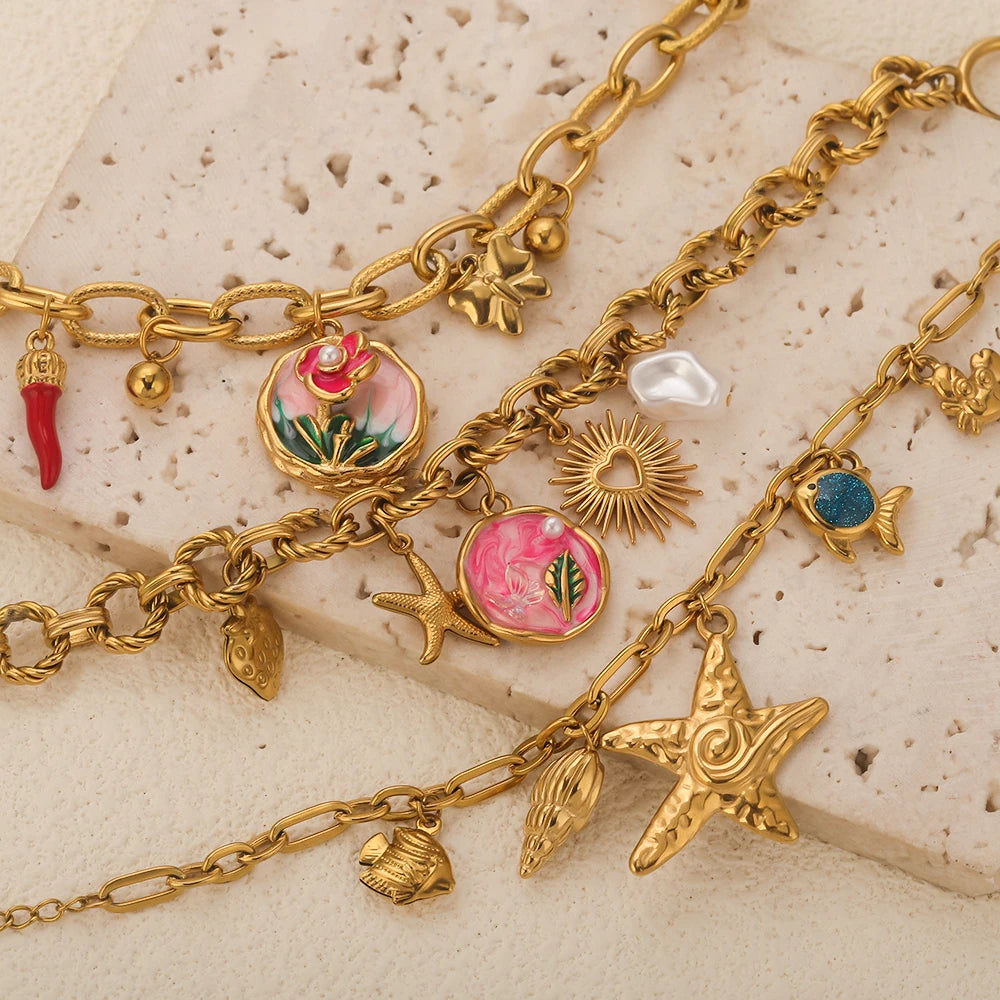 Bracelet Femme Doré Étoile de mer & Coquillage - Esprit Bohème Chic