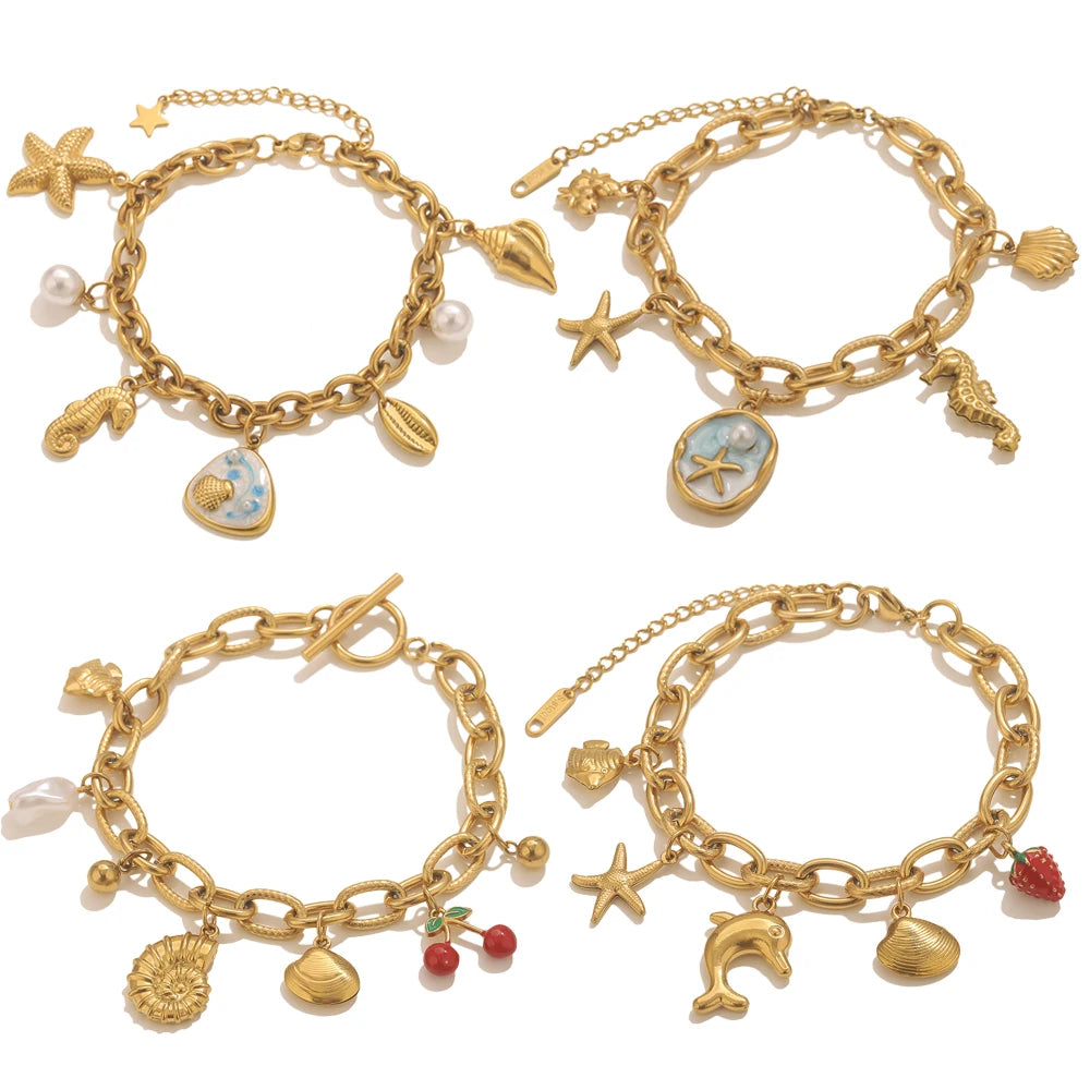 Bracelet Femme Doré Étoile de mer & Coquillage - Esprit Bohème Chic